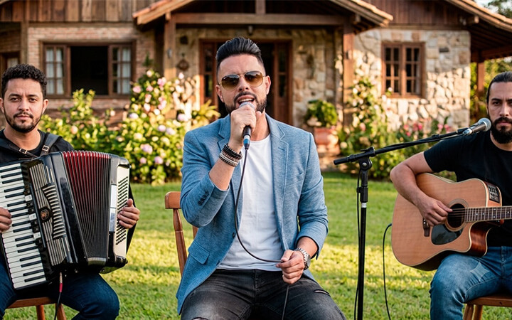 Felipe Lucas cantando acompanhado de sanfona e violão no formato trio