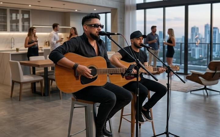 Felipe Lucas e um segundo músico cantando e tocando violão lado a lado, no formato de dupla sertaneja